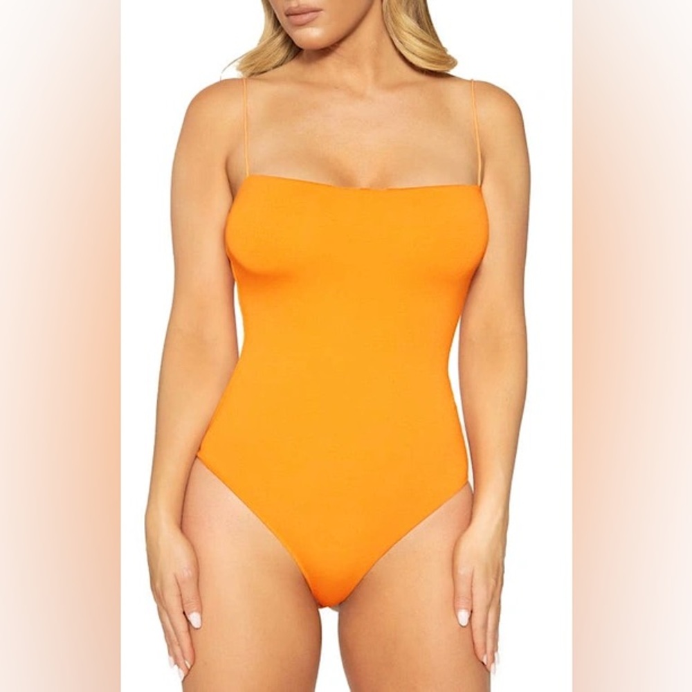 Naked Wardrobe stretchy Orange Square Neck soft Tank‎ thong Bodysuit large